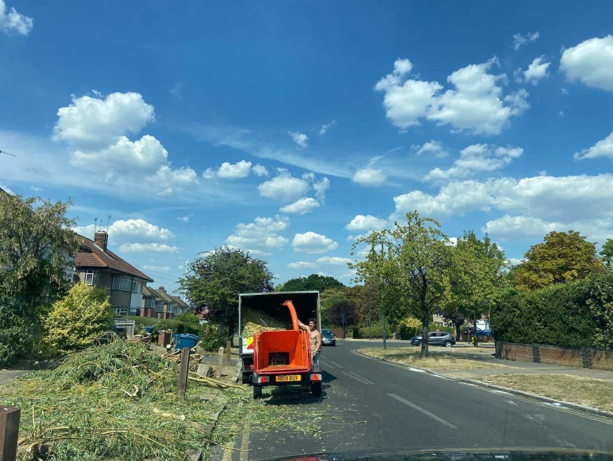 Wood chipper and cut branches beside a residential road